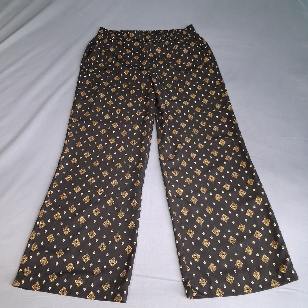 La Fee Atelier Boho Black Medallion Print Wide Leg Pants Elastic Waist Size 38
